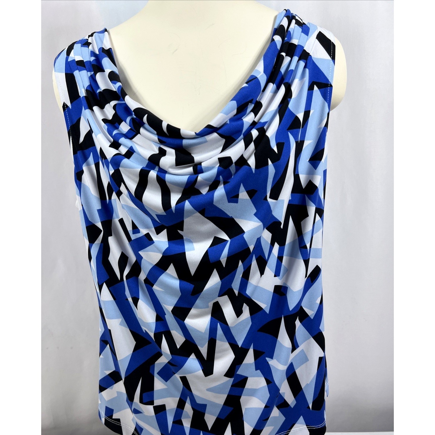 Calvin Klein Cowl Neck Black White & Blue Sleeveless Office Career Shirt Size Xl